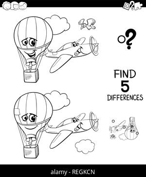 Schwarze und Weiße Cartoon Illustration von fünf Unterschiede zwischen Bilder Lernspiel für Kinder mit Flugzeug und Heißluftballon Colorin Stock Vektor