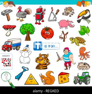 Cartoon Abbildung: Bild Suchen beginnend mit dem Buchstaben T Lernspiel Arbeitsbuch für Kinder Stock Vektor