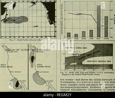. Die kommerzielle Fischerei. Fischerei Fischhandel. 36. Abb. 10-Bereichen der weissen Thun fangen während des typischen "kalten Ozean" und "Meer" yeais waim, Fänge während der typischen warmen Jahre ist aus Cali-fornia, Oregon und Washington. In kalten Jahren, die meisten Fische bleiben im Süden - aus Baja California und Kalifornien (Abbildung 10). Die Temperatur ändert sich auf Änderungen der Kalifornien aktuelle System. Bei grossflächigen Veränderungen auftreten, werden sie in der Regel für mehrere Monate andauern und manchmal für mehrere Jahre. Diese Persistenz über einen längeren Zeitraum bildet die Basis für foreca Stockfoto