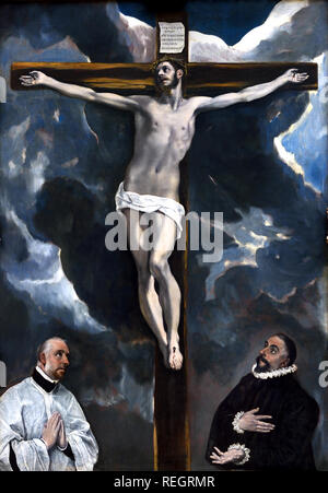 Christus am Kreuz durch zwei Spender von EL GRECO Domenikos Theotokopoulos 1541 1614 Spanien Spanische angebetet Stockfoto