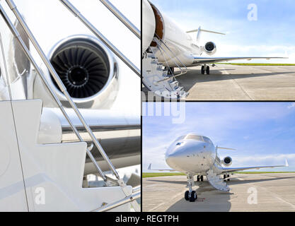 Sammlung von drei Fotos von Schritten mit Jet Engine auf einem modernen Private Jet Flugzeug. Flugzeug ist zum Einsteigen bereit Stockfoto