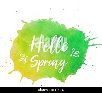Hallo Frühling Textplatte Vektor. Hallo Frühling Textplatte vector, Hintergrund für Banner, Verkauf, Anzeige, Karte. Aquarell Hallo Frühling Textplatte, Hintergrund. Grün-gelb Aquarell Hallo Frühling text Platte. Stock Vektor