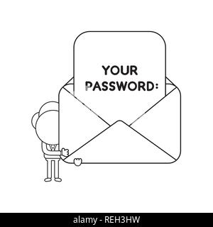 Vector Illustration Geschäftsmann Charakter holding Open Mail Umschlag mit Ihrem Kennwort auf Papier geschrieben. Schwarzer outline. Stock Vektor