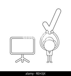 Vector Illustration Geschäftsmann Charakter die Häkchen mit leeren Präsentations Chart. Schwarzer outline. Stock Vektor