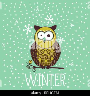 Cute schockiert cartoon Eule im Winter. Schneefall und Schneeflocken. Postkarte oder Poster oder Grußkarte Design für den Urlaub. Vector Illustration Stock Vektor