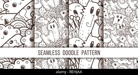 Sammlung von nahtlose Vektor Muster mit cute Cartoon Monster und Bestien. Schön für Verpackung, Geschenkpapier, Malvorlagen, Tapete, Stoff, f Stock Vektor
