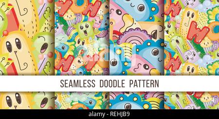 Sammlung von nahtlose Vektor Muster mit cute Cartoon Monster und Bestien. Schön für Verpackung, Geschenkpapier, Malvorlagen, Tapete, Stoff, f Stock Vektor