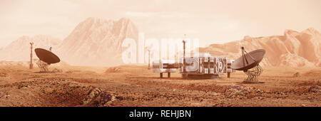 Basis auf dem Mars, erste Kolonisation, Mars Kolonie in Wüste Landschaft auf dem Roten Planeten (3d-raum Abbildung Banner) Stockfoto