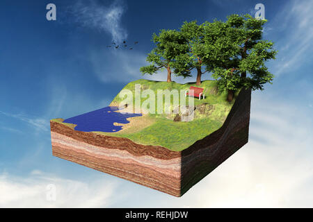 Querschnitt der Boden mit See, Wald, Strand und Sitzbank, idyllischen Park mit Bäumen, cube Konzept vor einem wunderschönen blauen Himmel mit Wolken (3d krank Stockfoto