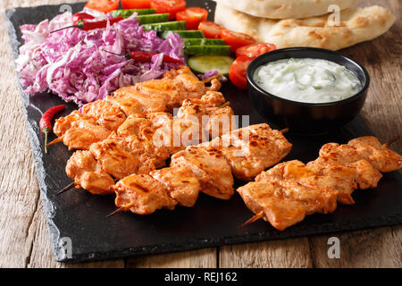 Mediterran Chicken Kebab mit Gemüse, Joghurt Sauce und Pita Brot closeup auf einer Schiefertafel board. Horizontale Stockfoto