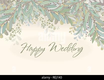 Karte mit schönen Zweige mit Blättern. Hochzeit Schmuck Konzept. Nachahmung von Aquarell. Skizziert Kranz, Blumen und Kräuter Girlande Stock Vektor