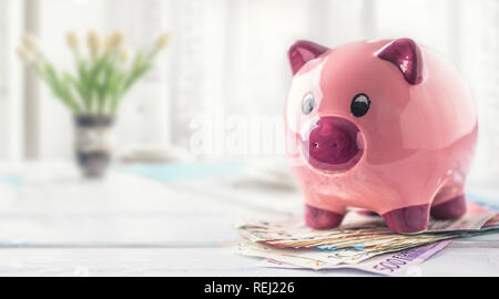 Sparschwein stehend auf Euro-banknoten auf dem Tisch in der Familie. Das Konzept der Banken Versicherungen und Finanzdienstleistungen für Familie und Haus Stockfoto