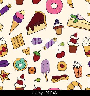 Doodle Abbildung: Desserts und Gebäck. Nahtlose Muster mit Desserts. Hand gezeichnet Vector Illustration im Cartoon Stil. Süßigkeiten und Dessert Stock Vektor