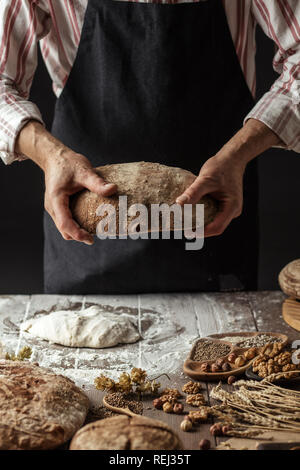 Nicht erkennbare Bäcker hält frisch gebackene rustikalen organische Laib Brot in der Hand Stockfoto