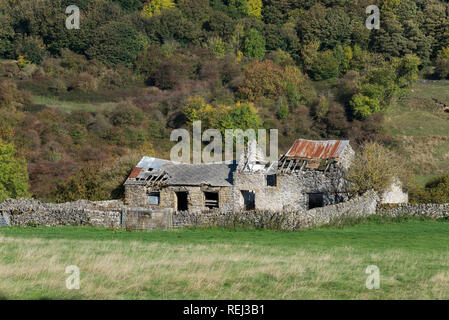Alten verfallenen Bauernhaus in der Nähe von Eyam im Peak District, Derbyshire, England. Stockfoto