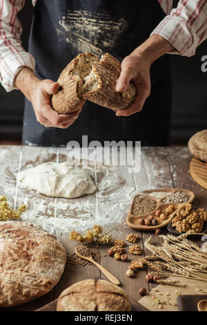 Koch, Frisch gebackenem Sauerteigbrot Stockfoto