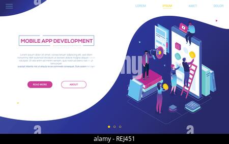 Mobile App Entwicklung - moderne und farbenfrohe isometrische Vektor Web Banner Stock Vektor
