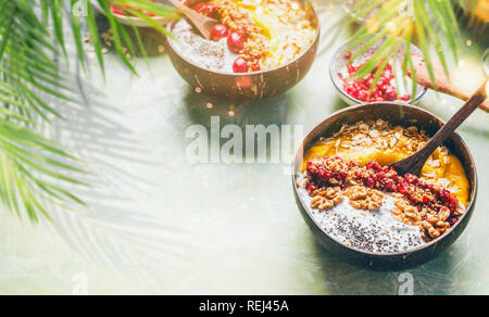 Smoothie mango Schale mit Chia Samen Joghurt, Pudding und Preiselbeeren, Nüssen, Haferflocken Aufstockung in Kokosnussschalen mit Löffel. Gesunde, saubere Frühstück essen. Stockfoto