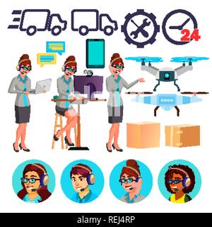 Lieferung Service Symbole Vektor. Drone, Kartonagen, Online Support. Berater. Isolierte flache Cartoon Illustration Stock Vektor