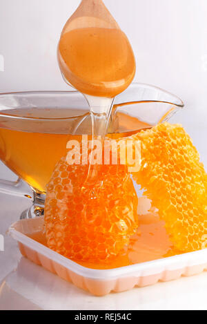 Honey Comb auf weißem Holz- Hintergrund Stockfoto