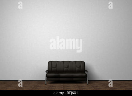Loft Innenraum mock up Foto. Schwarz Leder Sofa. Im minimalistischen Stil. Hintergrund Foto mit Kopie Platz für Text. Weiße Wand und Holzboden. 3d-illustra Stockfoto