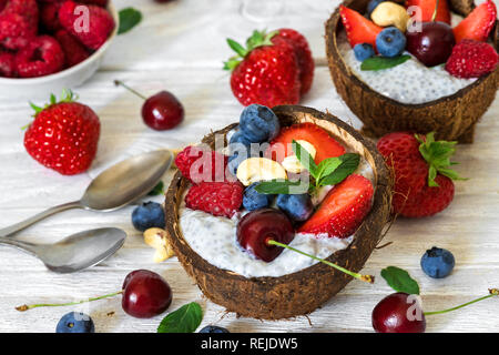 Vegan Chia Samen Milchreis mit frischen Beeren, Nüsse und Minze in Kokosnuss Schalen mit Löffel über weiße Holztisch. gesundes Frühstück. Nach oben Schließen Stockfoto