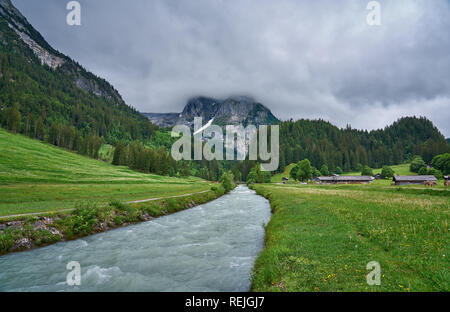 Landschaft des Rychenbachs, Wiese und grüne Natur der Schweizer Alpen an einem regnerischen Tag. Aufgenommen im Alpental Reichenbachtal, Oberhasli, Kanton Bern Stockfoto