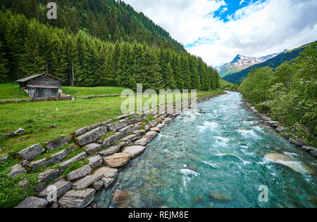 Straßenseite SIS-Alpenlandschaft mit Wiesenfluss und Kühen im Kanton Graubünden, Schweiz Stockfoto