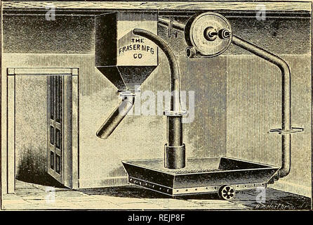 . Kaffee: seine Geschichte, seine Klassifizierung und Beschreibung... Kaffee. 3 oS moderne Maschinen,. COOIvIiVGr 3 BO?", T0 IVI 3 IC. A. iVI> J^ Xi" Die große Mehrheit der Kaffees haben in ihnen gemischt, um eine Anzahl der Steine, Nägel, etc. Diese von der Kaffee entfernt werden, nachdem es geröstet und mittels einer Steinigung Apparat gekühlt wird. Der Lüfter saugt die gerösteten Kaffee durch ein Teleskop erhöhen Leitung durch Windsog zu einem verzinktem Eisen Hopper, die hingen von der Decke ist. Der Windsog ist sehr schön durch ein Tor in der Leitung so geregelt, dass es nur stark genug ist für die Erarbeitung des Roa Stockfoto