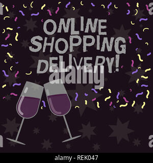 Konzeptionelle Hand schreiben, Online Shopping Lieferung. Business foto Präsentation Prozess der Versand ein Element aus online kaufen Wein Glas gefüllt Stockfoto