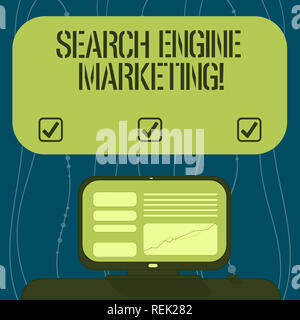 Text Zeichen anzeigen Search Engine Marketing. Konzeptionelle foto Promotion von Websites durch die Erhöhung der Sichtbarkeit montiert Bildschirm mit Line Gra Stockfoto