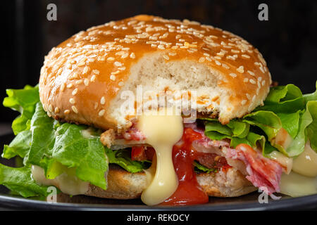 Eine gebissen Sandwich mit Salami, Käse, Tomaten und Soßen auf der Platte, Ansicht schließen Stockfoto