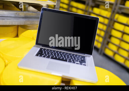 Laptop isoliert auf große Köpfe von Käse in der käseherstellung Factory Stockfoto