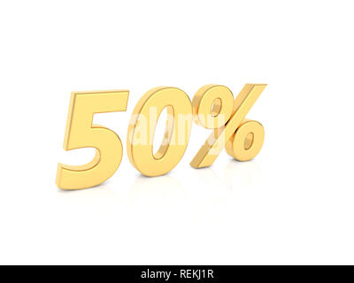 50 % gold Nummer auf einem weißen Hintergrund. 3D-Render Abbildung. Stockfoto