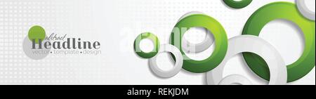 Tech geometrische Banner Design mit grünen und grauen Ringen. Vektor Überschrift Hintergrund Stock Vektor