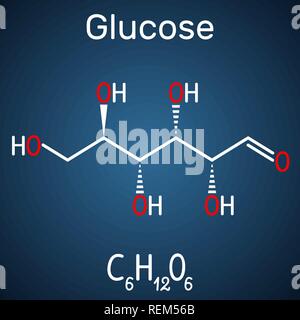 Glucose (Dextrose, D-Glukose) Molekül. Lineare Form. Strukturelle chemische Formel auf dem dunkelblauen Hintergrund. Vector Illustration Stock Vektor