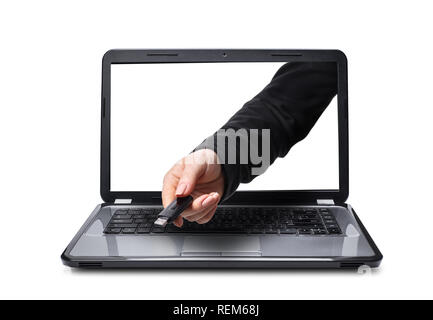 Hand mit usb Aus laptop, isoliert weißer Hintergrund Stockfoto