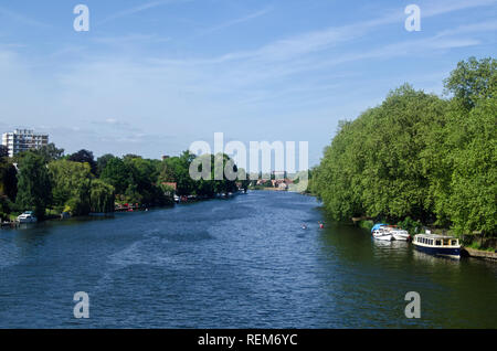 Blick entlang der Themse von Kingston Eisenbahnbrücke in Richtung Richmond Upon Thames und das Wahrzeichen Star und Strumpfband Home suchen. Sonnigen Nachmittag Stockfoto