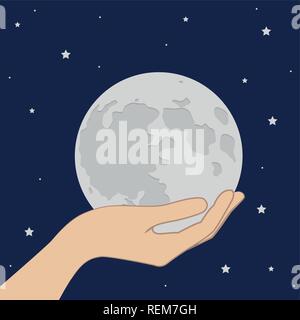 Hand halten, Vollmond von Sternenhimmel Vektor-illustration EPS 10. Stock Vektor