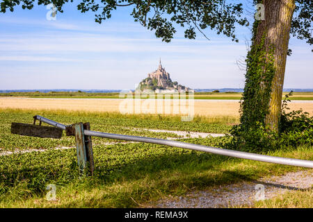 Der Mont Saint-Michel tidal Island in der Normandie, Frankreich, aus einem Pfad zwischen Feldern in der Polderlandschaft mit einem Tor im Vordergrund gesehen. Stockfoto