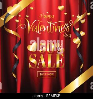 Luxus Valentinstag Verkauf mit rot gold Hintergrund Kalligraphie und Glitter Herz, Stern ornamentale Dekoration auf rotem Satin Stoff Hintergrund für Prom Stock Vektor
