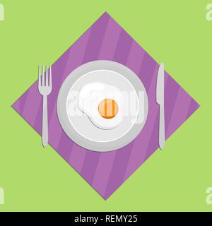 Spiegelei auf einer runden Platte mit Messer und Gabel, einfaches Bild Stock Vektor