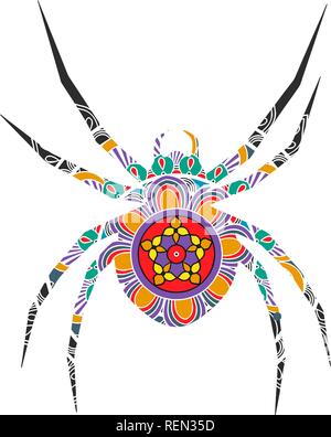 Hand gezeichneten Umriss doodle spider Abbildung mit zentangle Ornamenten verziert. Zeichnung für Halloween Stock Vektor