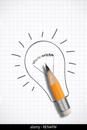 Kreative Idee, Konzept, Bleistift mit Glühlampe Stockfoto