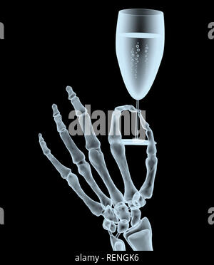 X-ray Hand mit Glas Wein auf schwarzen Hintergrund, 3D-Darstellung Stockfoto