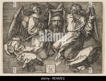 Sudarium von zwei Engeln angezeigt. Künstler: Albrecht Dürer (Deutsch, Nürnberg 1471-1528 Nürnberg). Abmessungen: Platte: 3 7/8 x 5 7/16 in. (9,8 x 13,8 cm) Blatt: 3 15/16 x 5 1/2 in. (10 x 13,9 cm). Datum: 1513. Museum: Metropolitan Museum of Art, New York, USA. Stockfoto