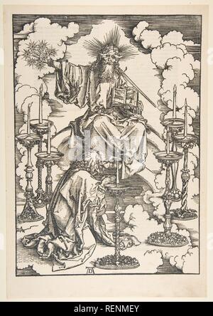 Die Vision der sieben Leuchter, aus der Apokalypse. Künstler: Albrecht Dürer (Deutsch, Nürnberg 1471-1528 Nürnberg). Maße: Blatt: 17 3/8 x 12 in. (44,1 x 30,5 cm). Datum: n. d.. Museum: Metropolitan Museum of Art, New York, USA. Stockfoto