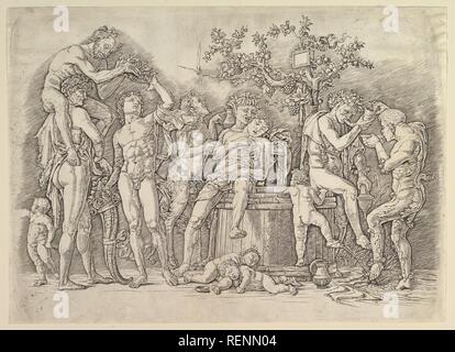 Bacchanal mit Wein Ust. Artist: Andrea Mantegna (Italienisch, Isola di Carturo 1430/31-1506 Mantua). Abmessungen: Platte: 12 3/4 x 17 13/16-in. (32,4 x 45,2 cm) Blatt: 13 1/8 x 18 1/8 in. (33,3 x 46 cm). Datum: Ca. 1475. Museum: Metropolitan Museum of Art, New York, USA. Stockfoto