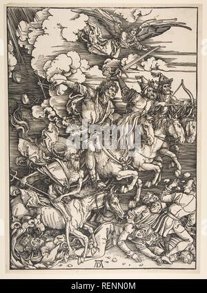 Die vier Reiter der Apokalypse. Künstler: Albrecht Dürer (Deutsch, Nürnberg 1471-1528 Nürnberg). Datum: Ca. 1497/1498. Die dritte holzschnitt aus Dürers Apokalypse, die Vier Reiter präsentiert eine dramatisch destilliertes Version der Abschnitt aus dem Buch der Offenbarung (6, 1-8). Umwandlung, was eine relativ seriösen und nicht bedrohlich Bild in früheren illustrierten Bibeln, Dürer spritzt Bewegung und Gefahr in diesem entscheidenden Moment durch seine subtile Manipulation der Holzklotz. Die parallelen Linien über das Bild eine grundlegende mittlerer Ton, gegen die der Künstler Silhouetten und Überschneidungen der Stockfoto