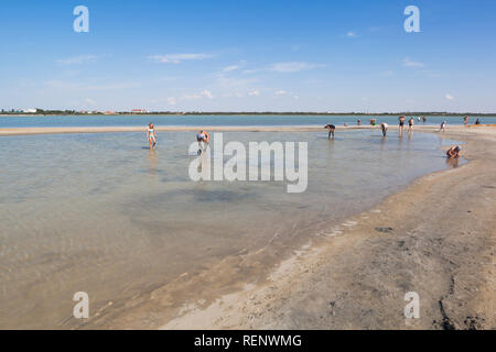 Jewpatoria, Krim, Russland - Juli 5, 2018: Leute abwaschen, Therapeutische Schlamm im See Moinak am Rande des Kurortes Jewpatoria, Krim Stockfoto